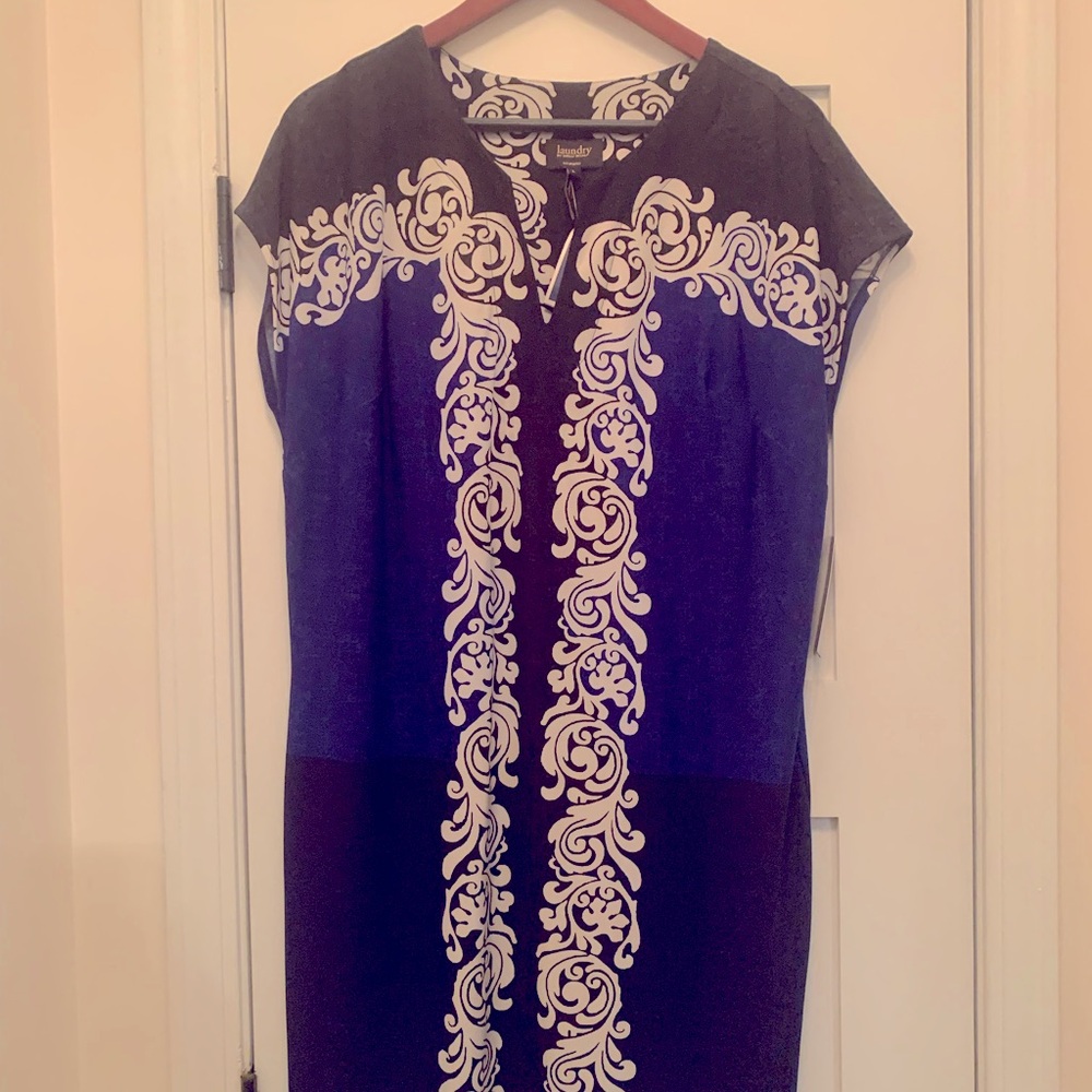 Blue, black and white dress
